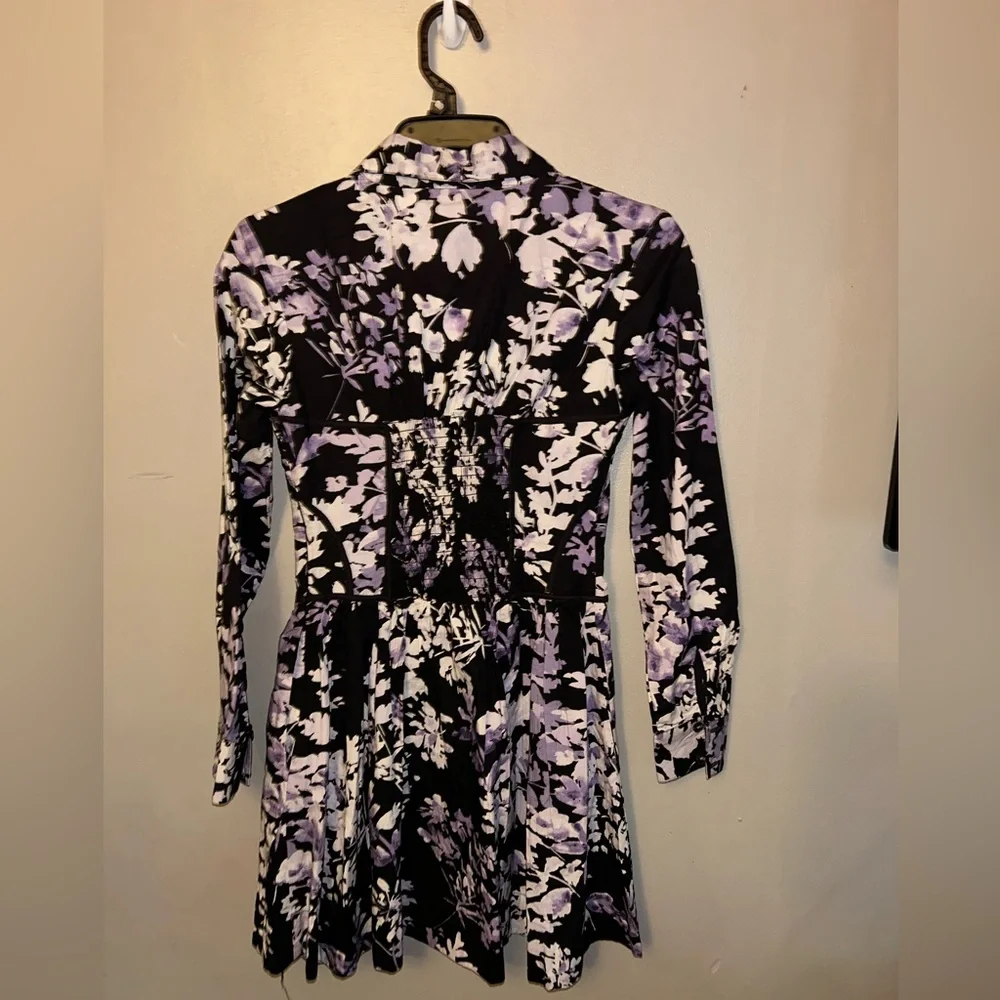 Anthropologie Corset Mini Shirt Dress - Black/White/Purple Floral long sleeve